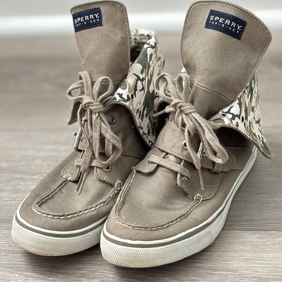 WOMENS Top Siders SPERRY Canvas CAMOUFLAGE Roll Print Cuff Boat Shoes Size 8.5 - Picture 1 of 16